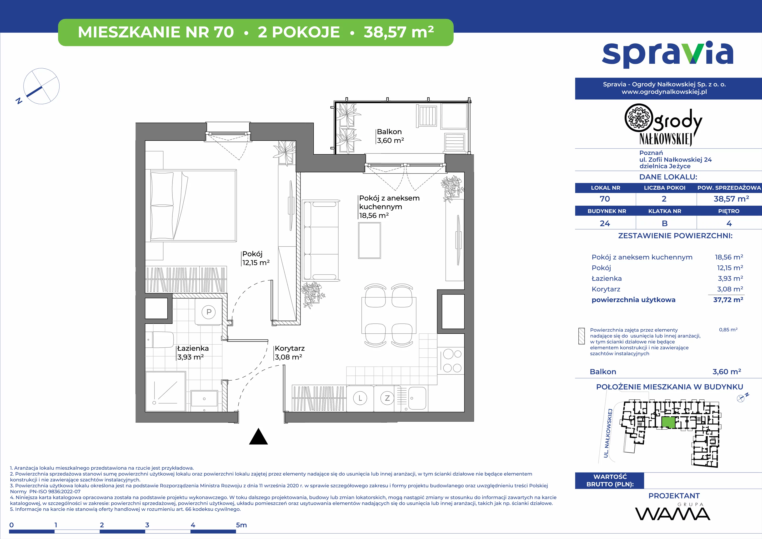 2 pokoje, mieszkanie 38,57 m², piętro 4, oferta nr 24-70, Ogrody Nałkowskiej, Poznań, Ogrody, ul. Nałkowskiej 24, 26